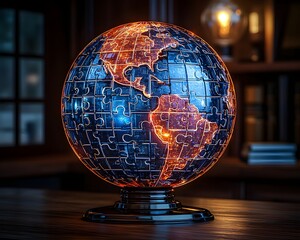 Glowing Puzzle Pieces Splitting a Classroom Globe Representing New Knowledge Shaping the Bigger Picture of Education