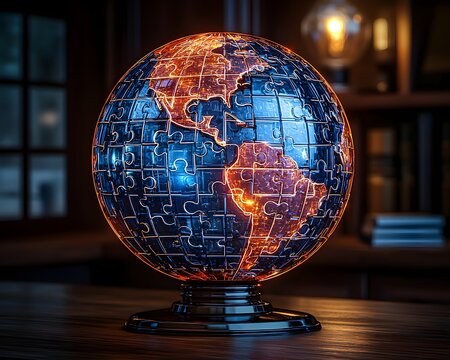 Glowing Puzzle Pieces Splitting a Classroom Globe Representing New Knowledge Shaping the Bigger Picture of Education