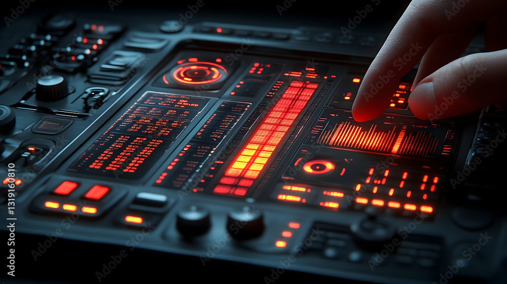 Poster futuristic control panel with glowing red displays and a hand interacting with it