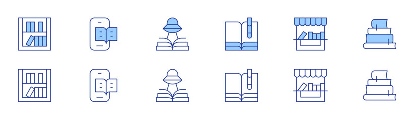 Book icon set in two styles, Duotone and Thin Line style. Editable stroke. book shelf, book, read, book fair, literature, reading