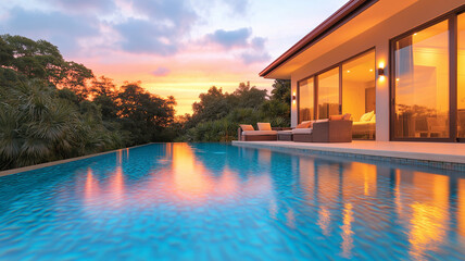 Luxurious modern villa with infinity pool at sunset, surrounded by lush greenery. serene atmosphere invites relaxation and tranquility