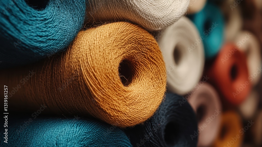 Poster an artistic display of tightly wound yarn spools in various colors, creating a harmonious and visual