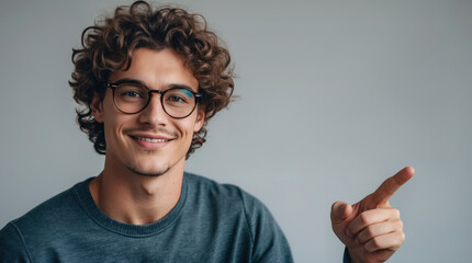 Fototapeta premium Smiling Young Man with Glasses and Curly Hair Pointing to the Side on Transparent Background