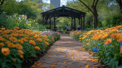 Floral pathway through a garden gazebo