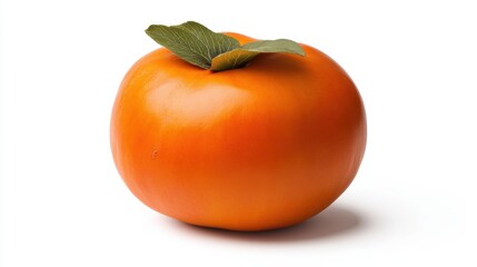 Ripe Orange Persimmon with Green Leaves on White Background