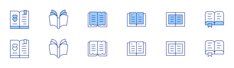 Book icon set in two styles, Duotone and Thin Line style. Editable stroke. book, open book, reading book