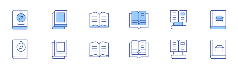 Book icon set in two styles, Duotone and Thin Line style. Editable stroke. guide book, books, open book, reading book, book