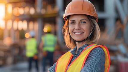 confident middle aged woman wearing hard hat and safety vest smiles construction site, showcasing her role industry. background features workers and construction materials, highlighting productive