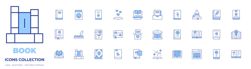 Book icons collection. Line Duotone style, editable stroke. book, medical book, spell book, baby book, manual book, online book, open book, guide, classic