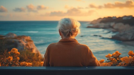 An elderly couple sits closely together on a wooden deck, overlooking a serene beach with gentle waves.
