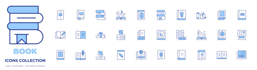 Book icons collection. Line Duotone style, editable stroke. book, open book, art book, medical book, quran, books, bookmark, literature, journal, guide book