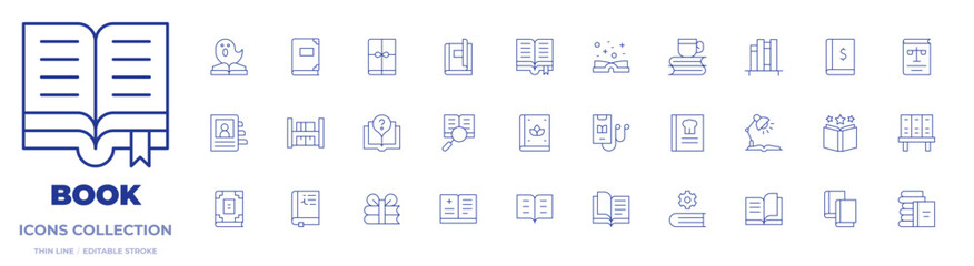 Book icons collection. Thin Line icons, editable stroke. book, books, audio book, magic book, law book, open book, manual book, medicine book, cook book