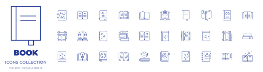 Book icons collection. Thin Line icons, editable stroke. book, books, audio book, magic book, medical book, address book, setup, music, open book, library