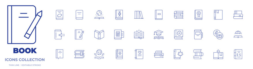 Book icons collection. Thin Line icons, editable stroke. book, world book day, books, guide book, contact book, comic book, book club, recipe book, note