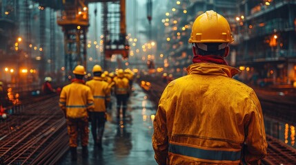 Obraz premium Construction workers walking on a wet site