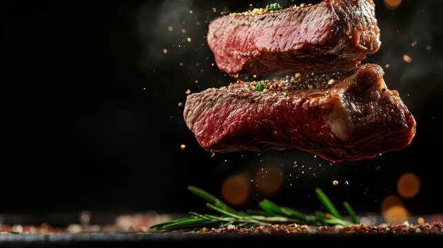 Two beautifully cooked beef steaks levitate above a dark background, adorned with spices and herbs, showcasing the art of cooking and the rich textures of quality meat.