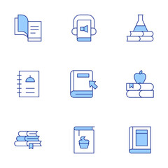 Book icons set. Line Duotone style, editable stroke. audio book, recipe book, book, books, apple, menu