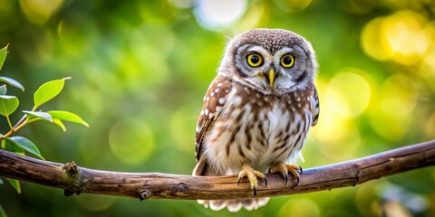 A small owl perched on a branch, its bright yellow eyes captivating against a vibrant green bokeh background.  The bird's feathers are intricately detailed, showcasing nature's artistry.