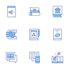 Book icons set. Line Duotone style, editable stroke. book, contact book, books, magic book, comic book, music, history book