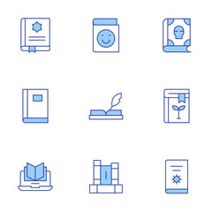 Book icons set. Line Duotone style, editable stroke. book, spell book, manual book, magic book, online learning