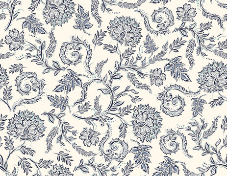 Trendy stylish Hand drawn  floral pattern with paisley and indian flower motifs. damask modern style pattern