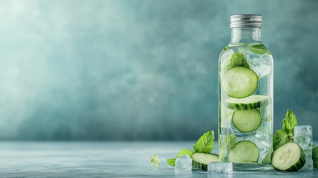 An artistic display of a cucumber mint beverage surrounded by mint leaves and ice emphasizes coolness and refreshment, inviting a moment of indulgent hydration.