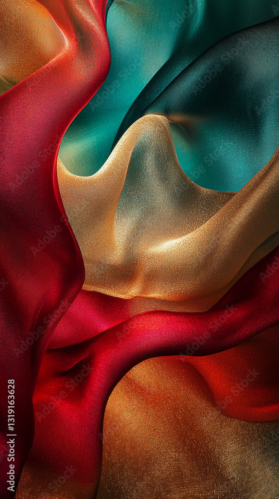 Poster abstract image of red, gold, and teal fabric, flowing and overlapping, creating a luxurious and eleg