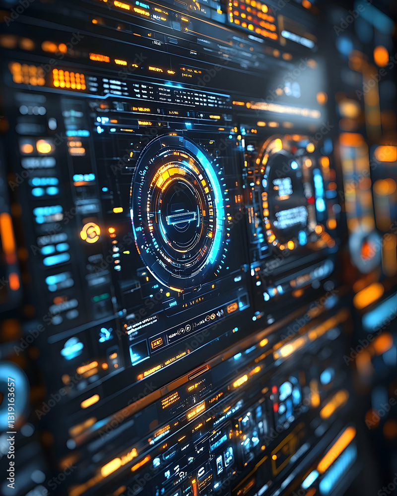 Poster futuristic digital interface with glowing elements and circular displays. complex data streams visua