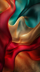 Abstract image of red, gold, and teal fabric, flowing and overlapping, creating a luxurious and elegant texture
