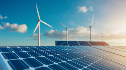 Solar panels and wind turbines in renewable energy landscape, showcasing sustainable technology and clean energy solutions. scene reflects innovation and environmental consciousness