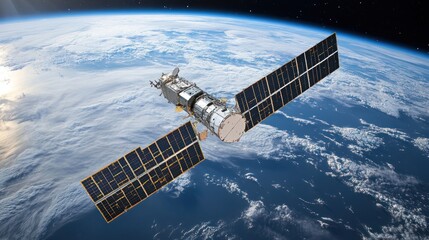 Satellite orbiting Earth in space.  Detailed view of a spacecraft with solar panels