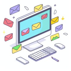 Computer cartoon with email displayed on white background