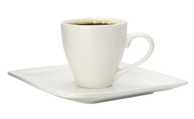Black hot coffee in white ceramic cup with saucer isolated clipping path on white background.