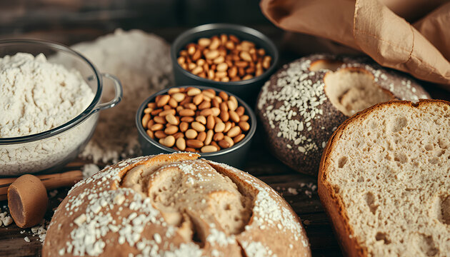 Bread-making process captured in earthy tones, featuring raw ingredients like organic flour, nuts, seeds, and wild yeast starters 2