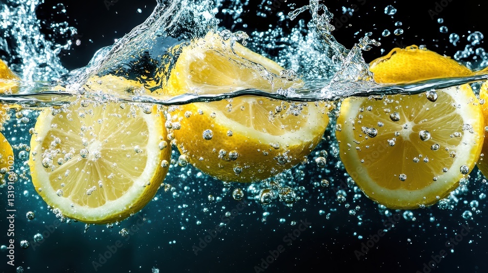 Poster lively image capturing the dynamic splash of fresh lemons as they are submerged in sparkling water, 