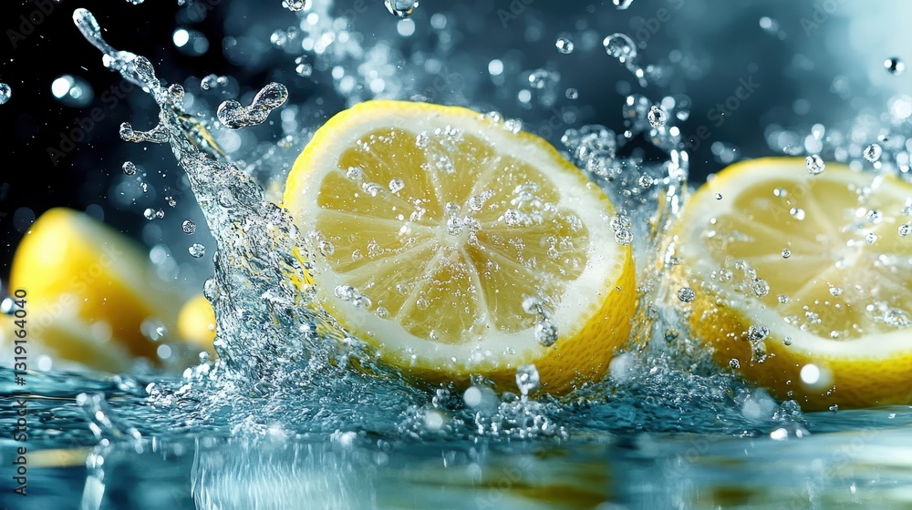 Poster an exhilarating shot showcasing lemon slices creating splashes as they dunk into water, emphasizing 