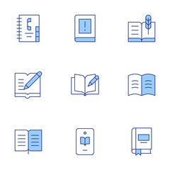 Book icons set. Line Duotone style, editable stroke. reading book, book, open book, contact book, write, journal