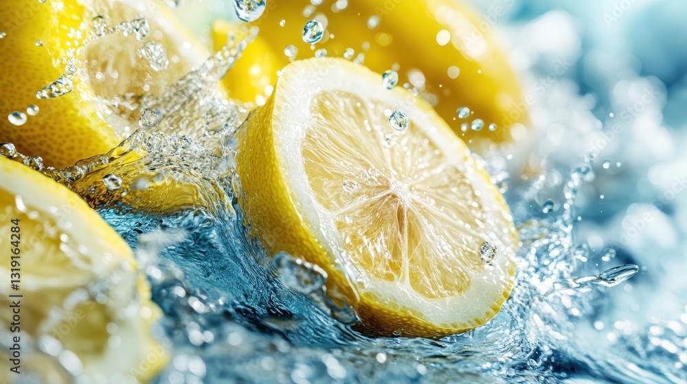 Poster a captivating image depicting vibrant lemon slices splashing through clear water, emphasizing their 
