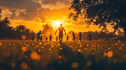 A group of four children interact with an adult man on a grassy field, basking in warm sunlight.