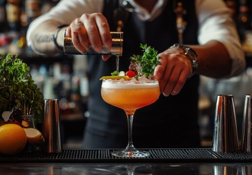 A bartender creating a signature cocktail with fresh ingredients and elegant garnishes, set in a trendy bar