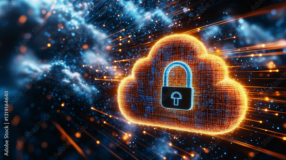 Poster glowing cloud with padlock symbolizes digital security and data protection. vibrant colors and dynam