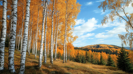 Obraz premium Golden birch trees line a hillside under a partly cloudy sky, showcasing autumnal colors and natural beauty, representative of seasonal change and tranquility