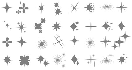 Set of glitter, star and sun shapes. Abstract vector glow, explosion and blink effects for party designs. Twinkle, glitter and flash graphic elements. Isolated illustrations.