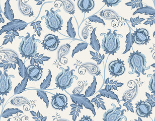 Trendy stylish Hand drawn Motone Blue  floral pattern with paisley and indian flower motifs. pattern