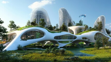 Futuristic eco-friendly city complex with flowing, organic architecture, lush landscaping, and sustainable design elements