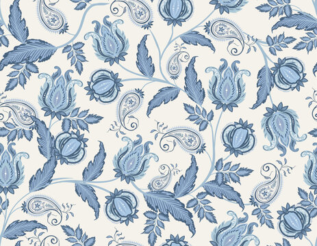 Trendy stylish Hand drawn Motone Blue  floral pattern with paisley and indian flower motifs. pattern