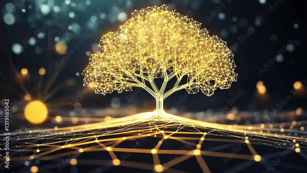 Poster glowing tree of interconnected lines and nodes futuristic digital landscape merging technology and n