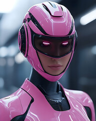 Futuristic female cyborg, pink suit, glowing eyes, detailed helmet