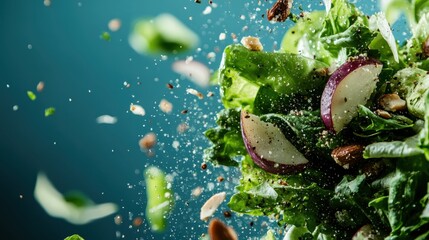 A dynamic shot of a fresh salad, showcasing an explosion of greens, apples, and nuts flying through the air, capturing the essence of healthy dining and vibrant flavors.