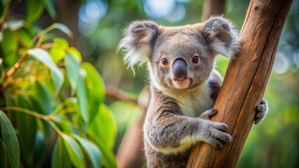 Obraz premium A charming koala clinging to a tree trunk in a lush green forest habitat